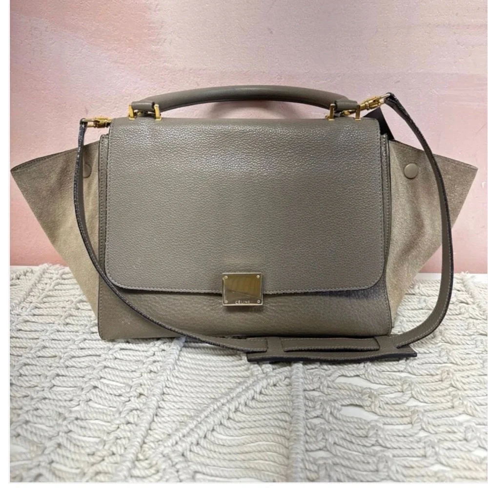 Celine Taupe Leather and Suede Satchel